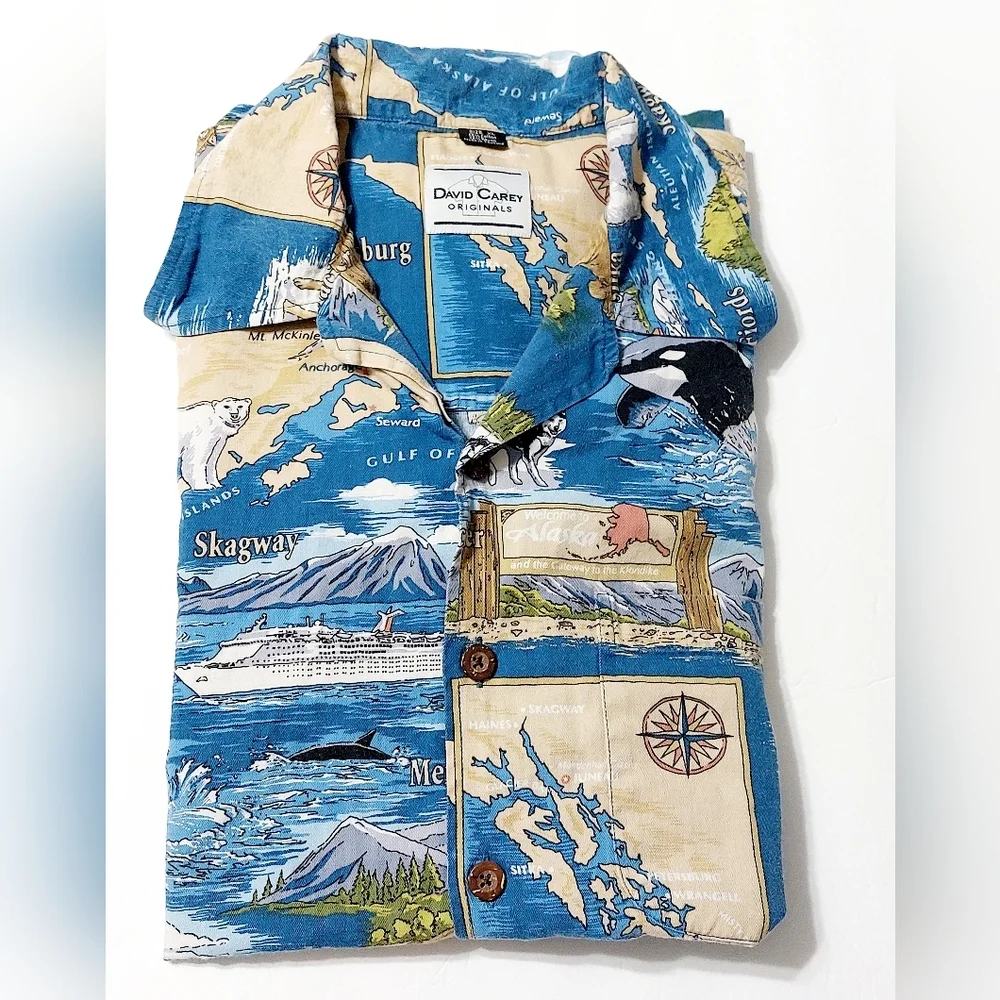 David Carey Originals Alaska Map Hawaiian Shirt‎ Men’s XL Blue Wildlife Print